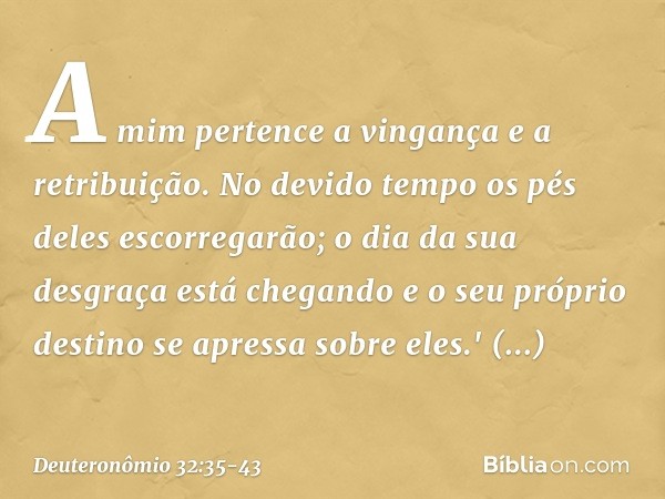 A mim pertence a vingança
e a retribuição.
No devido tempo
os pés deles escorregarão;
o dia da sua desgraça está chegando
e o seu próprio destino
se apressa sob