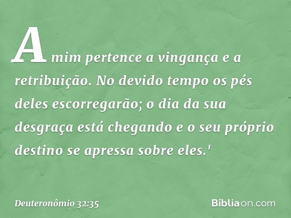 A mim pertence a vingança
e a retribuição.
No devido tempo
os pés deles escorregarão;
o dia da sua desgraça está chegando
e o seu próprio destino
se apressa sob