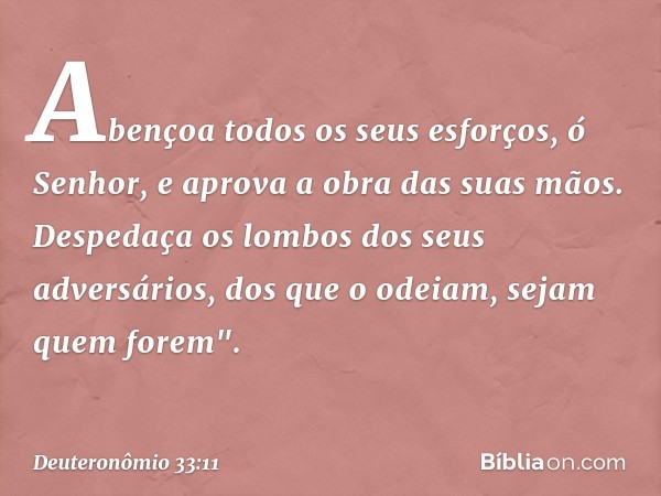 Abençoa todos os seus esforços,
ó Senhor,
e aprova a obra das suas mãos.
Despedaça os lombos
dos seus adversários,
dos que o odeiam,
sejam quem forem". -- Deute