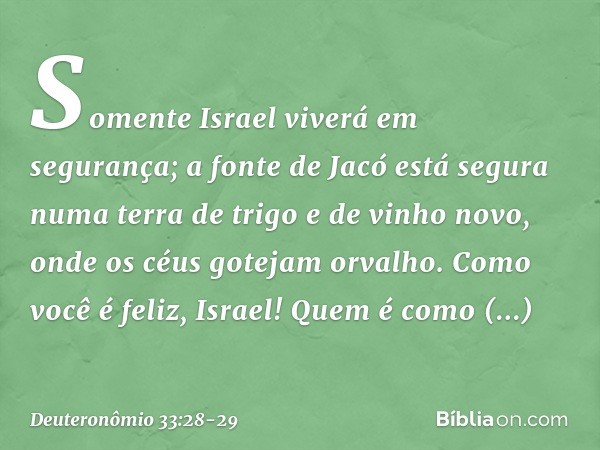 Somente Israel viverá em segurança;
a fonte de Jacó está segura
numa terra de trigo e de vinho novo,
onde os céus gotejam orvalho. Como você é feliz, Israel!
Qu