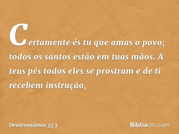 Certamente és tu que amas o povo;
todos os santos estão em tuas mãos.
A teus pés todos eles se prostram
e de ti recebem instrução, -- Deuteronômio 33:3