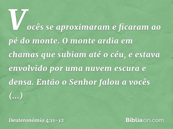 Vocês se aproximaram e ficaram ao pé do monte. O monte ardia em chamas que subiam até o céu, e estava envolvido por uma nuvem escura e densa. Então o Senhor fal