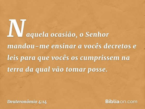 Naquela ocasião, o Senhor mandou-me ensinar a vocês decretos e leis para que vocês os cumprissem na terra da qual vão tomar posse. -- Deuteronômio 4:14