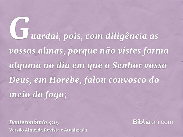 Guardai, pois, com diligência as vossas almas, porque não vistes forma alguma no dia em que o Senhor vosso Deus, em Horebe, falou convosco do meio do fogo;