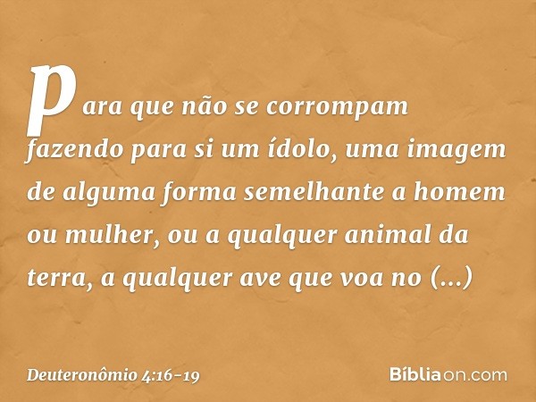 para que não se corrompam fazendo para si um ídolo, uma imagem de alguma forma semelhante a homem ou mulher, ou a qualquer animal da terra, a qualquer ave que v