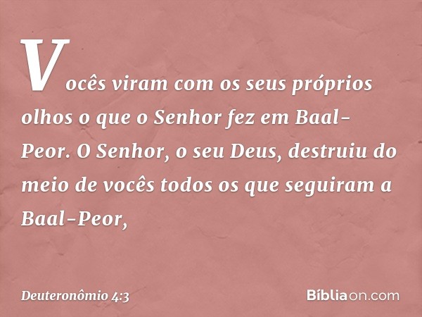 "Vocês viram com os seus próprios olhos o que o Senhor fez em Baal-Peor. O Senhor, o seu Deus, destruiu do meio de vocês todos os que seguiram a Baal-Peor, -- D