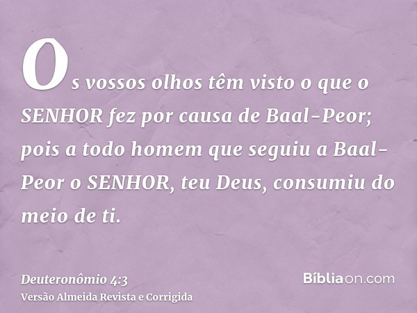 Os vossos olhos têm visto o que o SENHOR fez por causa de Baal-Peor; pois a todo homem que seguiu a Baal-Peor o SENHOR, teu Deus, consumiu do meio de ti.