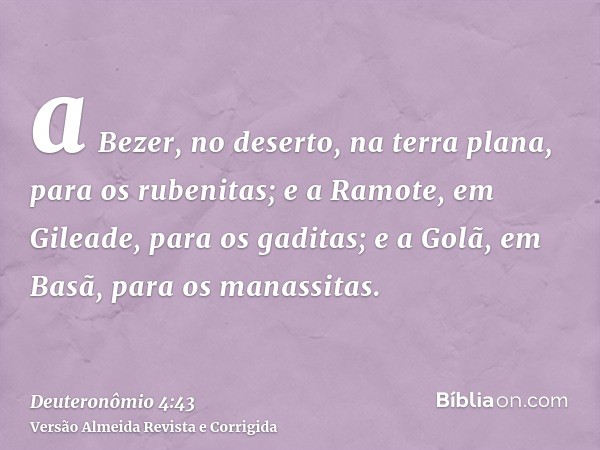 a Bezer, no deserto, na terra plana, para os rubenitas; e a Ramote, em Gileade, para os gaditas; e a Golã, em Basã, para os manassitas.