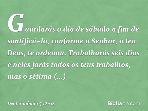 " 'Guardarás o dia de sábado a fim de santificá-lo, conforme o Senhor, o teu Deus, te ordenou. Trabalharás seis dias e neles farás todos os teus trabalhos, mas 