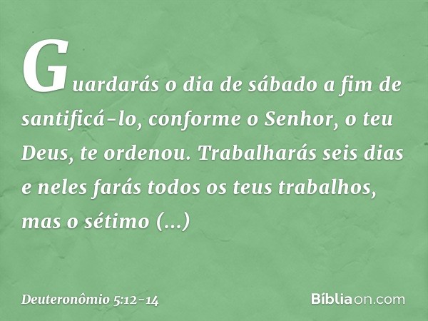" 'Guardarás o dia de sábado a fim de santificá-lo, conforme o Senhor, o teu Deus, te ordenou. Trabalharás seis dias e neles farás todos os teus trabalhos, mas