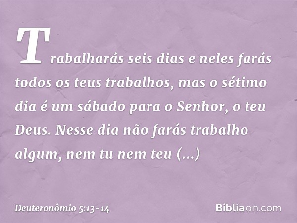 Trabalharás seis dias e neles farás todos os teus trabalhos, mas o sétimo dia é um sábado para o Senhor, o teu Deus. Nesse dia não farás trabalho algum, nem tu 