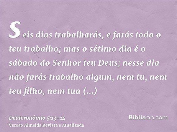 seis dias trabalharás, e farás todo o teu trabalho;mas o sétimo dia é o sábado do Senhor teu Deus; nesse dia não farás trabalho algum, nem tu, nem teu filho, ne