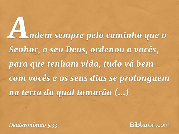 Andem sempre pelo caminho que o Senhor, o seu Deus, ordenou a vocês, para que tenham vida, tudo vá bem com vocês e os seus dias se prolonguem na terra da qual t