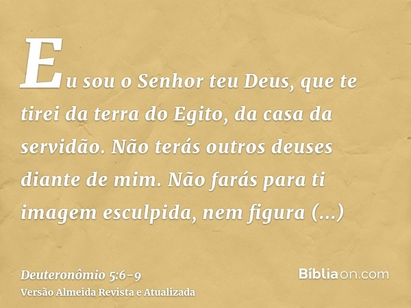 Eu sou o Senhor teu Deus, que te tirei da terra do Egito, da casa da servidão.Não terás outros deuses diante de mim.Não farás para ti imagem esculpida, nem figu