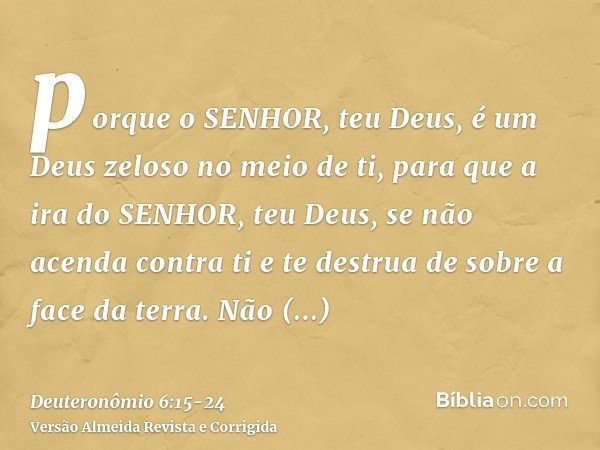 porque o SENHOR, teu Deus, é um Deus zeloso no meio de ti, para que a ira do SENHOR, teu Deus, se não acenda contra ti e te destrua de sobre a face da terra.Não