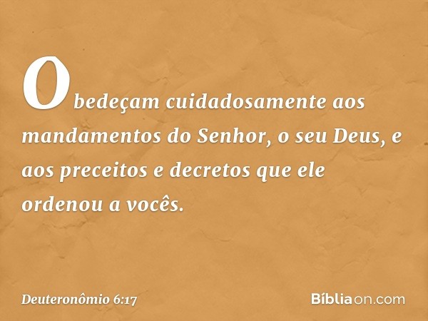 Obedeçam cuidadosamente aos mandamentos do Senhor, o seu Deus, e aos preceitos e decretos que ele ordenou a vocês. -- Deuteronômio 6:17