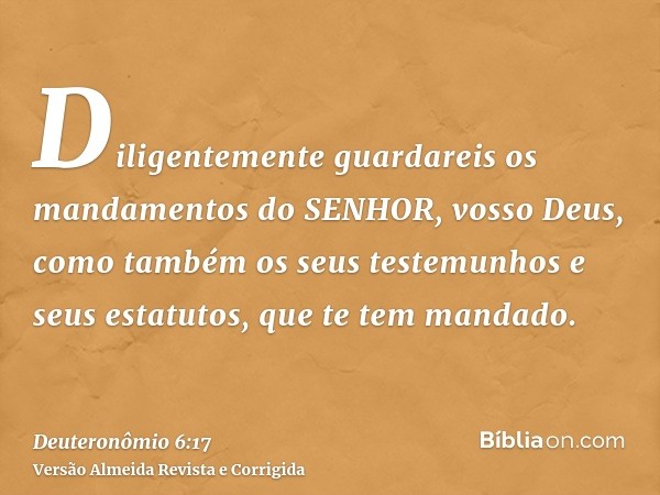 Diligentemente guardareis os mandamentos do SENHOR, vosso Deus, como também os seus testemunhos e seus estatutos, que te tem mandado.