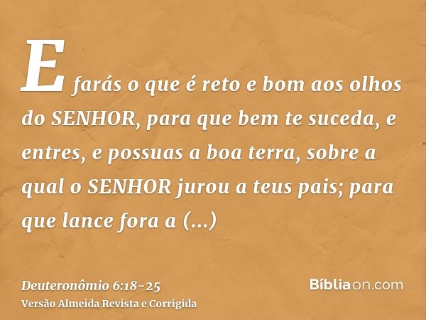 E farás o que é reto e bom aos olhos do SENHOR, para que bem te suceda, e entres, e possuas a boa terra, sobre a qual o SENHOR jurou a teus pais;para que lance