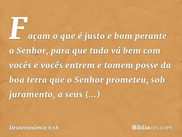 Façam o que é justo e bom perante o Senhor, para que tudo vá bem com vocês e vocês entrem e tomem posse da boa terra que o Senhor prometeu, sob juramento, a seu