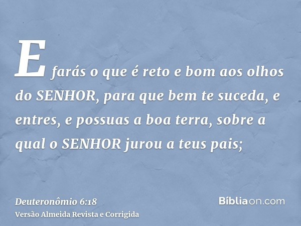 E farás o que é reto e bom aos olhos do SENHOR, para que bem te suceda, e entres, e possuas a boa terra, sobre a qual o SENHOR jurou a teus pais;