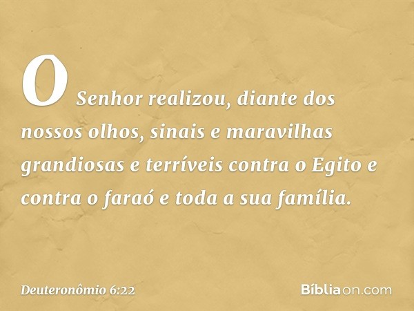 O Senhor realizou, diante dos nossos olhos, sinais e maravilhas grandiosas e terríveis contra o Egito e contra o faraó e toda a sua família. -- Deuteronômio 6:2