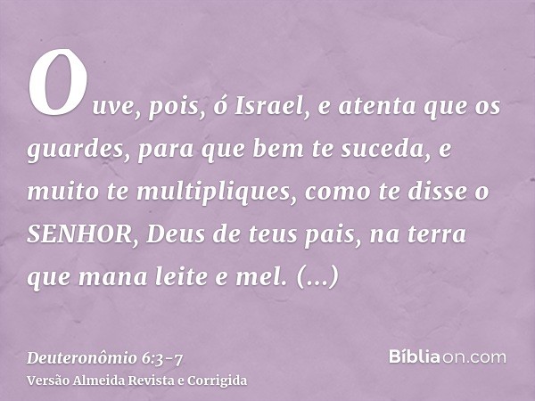 Ouve, pois, ó Israel, e atenta que os guardes, para que bem te suceda, e muito te multipliques, como te disse o SENHOR, Deus de teus pais, na terra que mana lei