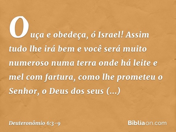 Ouça e obedeça, ó Israel! Assim tudo lhe irá bem e você será muito numeroso numa terra onde há leite e mel com fartura, como lhe prometeu o Senhor, o Deus dos s