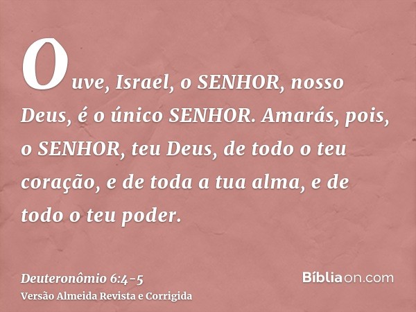 Ouve, Israel, o SENHOR, nosso Deus, é o único SENHOR.Amarás, pois, o SENHOR, teu Deus, de todo o teu coração, e de toda a tua alma, e de todo o teu poder.