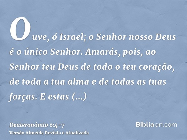 Ouve, ó Israel; o Senhor nosso Deus é o único Senhor.Amarás, pois, ao Senhor teu Deus de todo o teu coração, de toda a tua alma e de todas as tuas forças.E esta