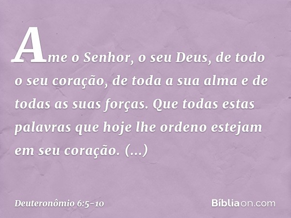 Ame o Senhor, o seu Deus, de todo o seu coração, de toda a sua alma e de todas as suas forças. Que todas estas palavras que hoje lhe ordeno estejam em seu coraç