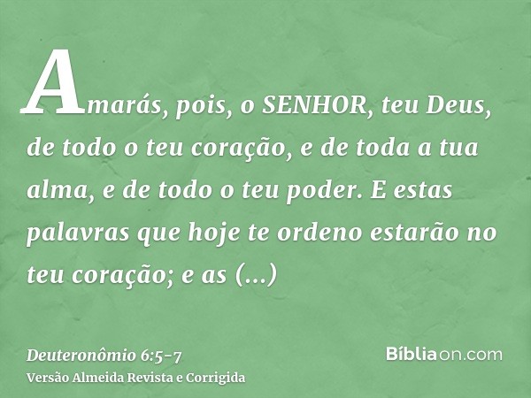 Amarás, pois, o SENHOR, teu Deus, de todo o teu coração, e de toda a tua alma, e de todo o teu poder.E estas palavras que hoje te ordeno estarão no teu coração;