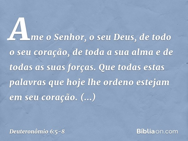 Ame o Senhor, o seu Deus, de todo o seu coração, de toda a sua alma e de todas as suas forças. Que todas estas palavras que hoje lhe ordeno estejam em seu coraç