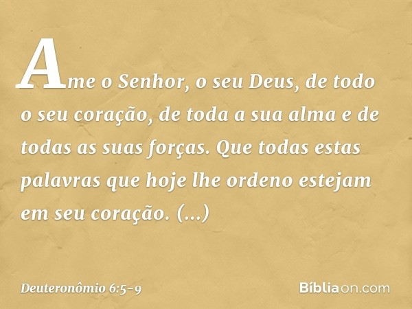 Ame o Senhor, o seu Deus, de todo o seu coração, de toda a sua alma e de todas as suas forças. Que todas estas palavras que hoje lhe ordeno estejam em seu coraç