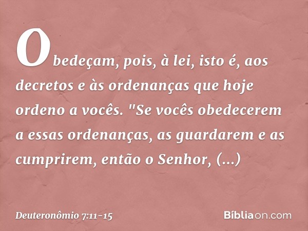 Obedeçam, pois, à lei, isto é, aos decretos e às ordenanças que hoje ordeno a vocês. "Se vocês obedecerem a essas ordenanças, as guardarem e as cumprirem, então