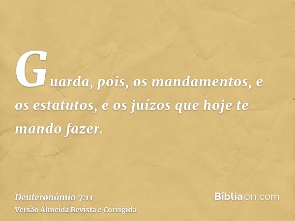 Guarda, pois, os mandamentos, e os estatutos, e os juízos que hoje te mando fazer.