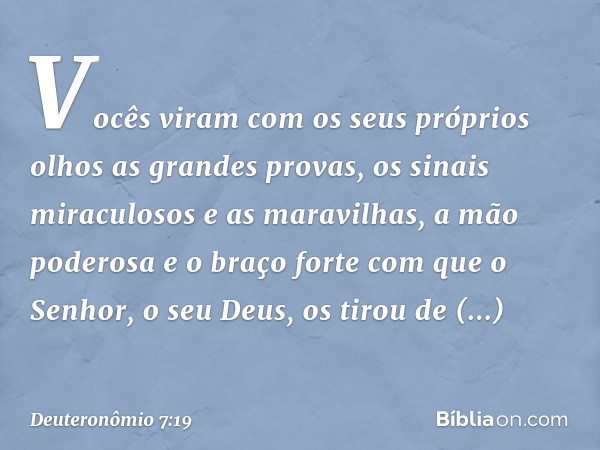 Vocês viram com os seus próprios olhos as grandes provas, os sinais miraculosos e as maravilhas, a mão poderosa e o braço forte com que o Senhor, o seu Deus, os