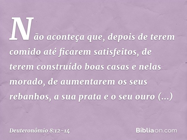 Não aconteça que, depois de terem comido até ficarem satisfeitos, de terem construído boas casas e nelas morado, de aumentarem os seus rebanhos, a sua prata e o