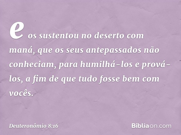 e os sustentou no deserto com maná, que os seus antepassados não conheciam, para humilhá-los e prová-los, a fim de que tudo fosse bem com vocês. -- Deuteronômio