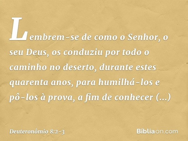 "Lembrem-se de como o Senhor, o seu Deus, os conduziu por todo o caminho no deserto, durante estes quarenta anos, para humilhá-los e pô-los à prova, a fim de co