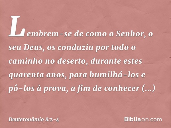 "Lembrem-se de como o Senhor, o seu Deus, os conduziu por todo o caminho no deserto, durante estes quarenta anos, para humilhá-los e pô-los à prova, a fim de co