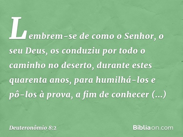 "Lembrem-se de como o Senhor, o seu Deus, os conduziu por todo o caminho no deserto, durante estes quarenta anos, para humilhá-los e pô-los à prova, a fim de co