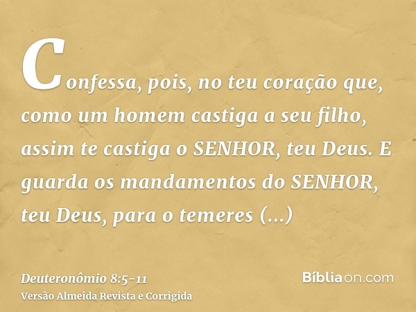 Confessa, pois, no teu coração que, como um homem castiga a seu filho, assim te castiga o SENHOR, teu Deus.E guarda os mandamentos do SENHOR, teu Deus, para o t