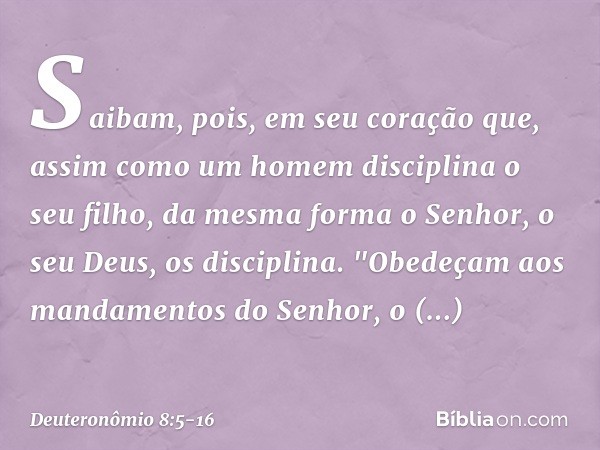 Saibam, pois, em seu coração que, assim como um homem disciplina o seu filho, da mesma forma o Senhor, o seu Deus, os disciplina. "Obedeçam aos mandamentos do S