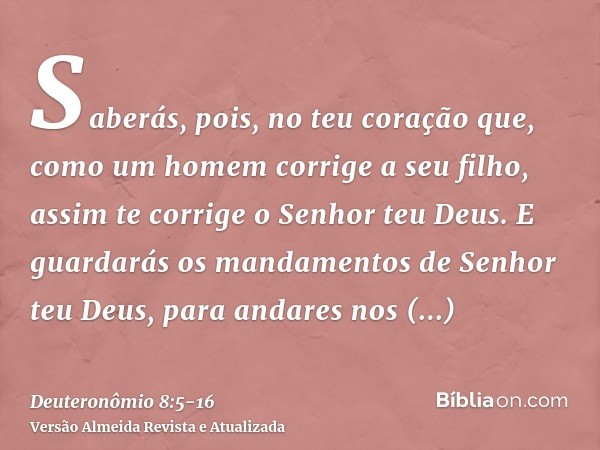 Saberás, pois, no teu coração que, como um homem corrige a seu filho, assim te corrige o Senhor teu Deus.E guardarás os mandamentos de Senhor teu Deus, para and