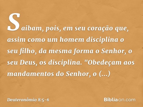 Saibam, pois, em seu coração que, assim como um homem disciplina o seu filho, da mesma forma o Senhor, o seu Deus, os disciplina. "Obedeçam aos mandamentos do S