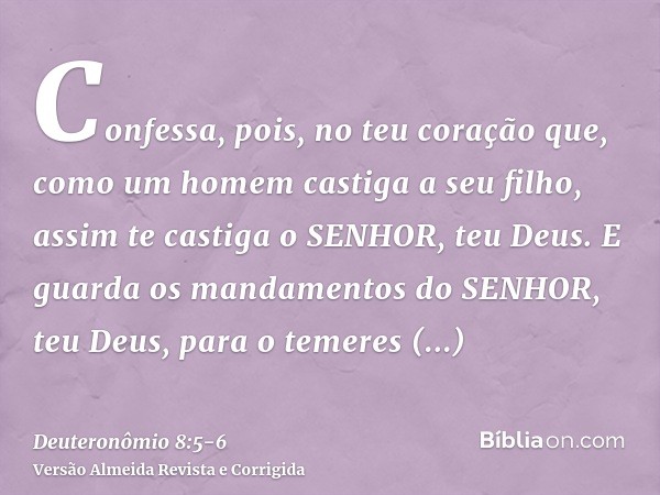 Confessa, pois, no teu coração que, como um homem castiga a seu filho, assim te castiga o SENHOR, teu Deus.E guarda os mandamentos do SENHOR, teu Deus, para o t