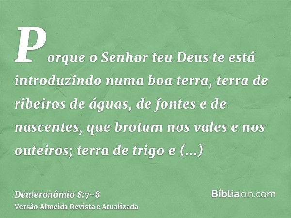 Porque o Senhor teu Deus te está introduzindo numa boa terra, terra de ribeiros de águas, de fontes e de nascentes, que brotam nos vales e nos outeiros;terra de