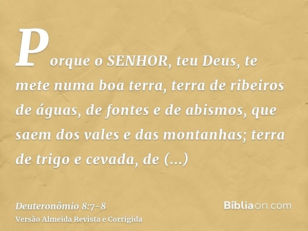 Porque o SENHOR, teu Deus, te mete numa boa terra, terra de ribeiros de águas, de fontes e de abismos, que saem dos vales e das montanhas;terra de trigo e cevad