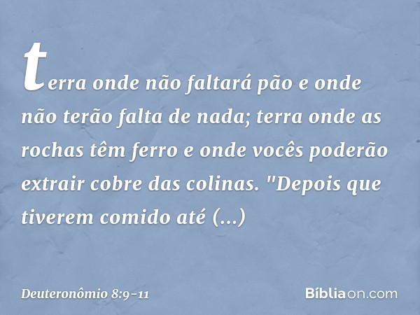 terra onde não faltará pão e onde não terão falta de nada; terra onde as rochas têm ferro e onde vocês poderão extrair cobre das colinas. "Depois que tiverem co