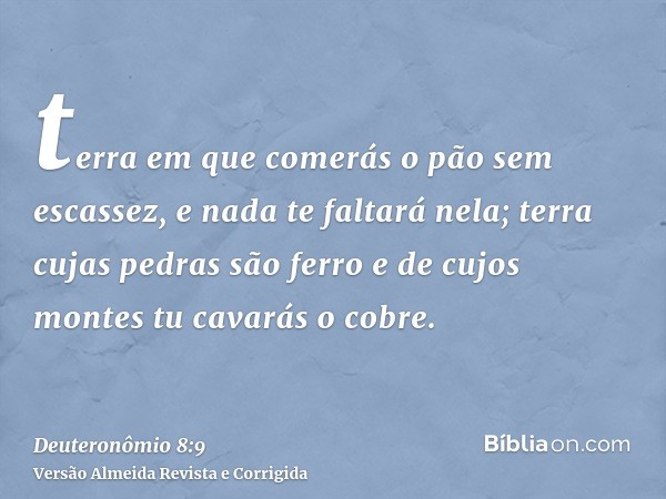terra em que comerás o pão sem escassez, e nada te faltará nela; terra cujas pedras são ferro e de cujos montes tu cavarás o cobre.